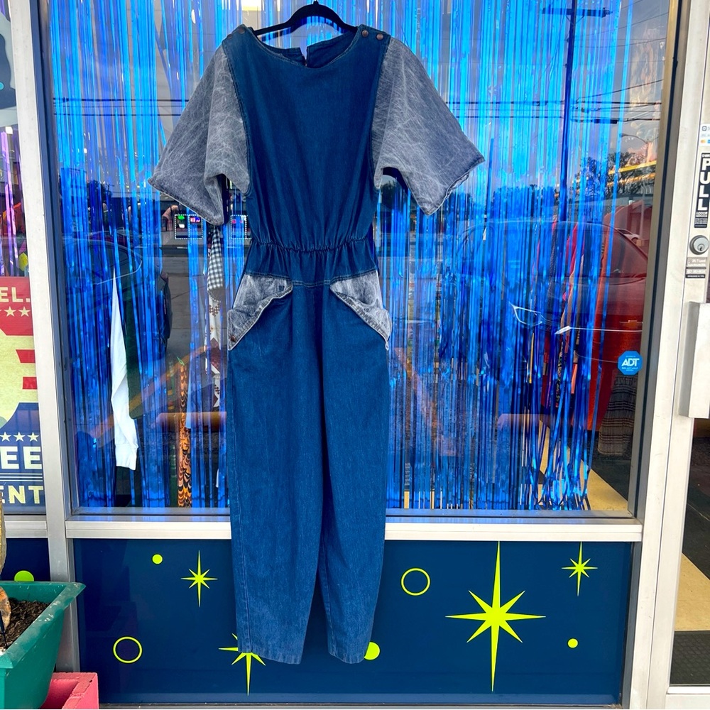 1980s denim jumpsuit with acid washed accents. Cherokee vintage size m